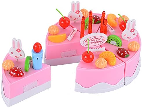 Emorefun Kids Play Food Set Plastic Kitchen Cutting Toy, 75 pcs Birthday Cake Set for Pretend Play with Music Pink