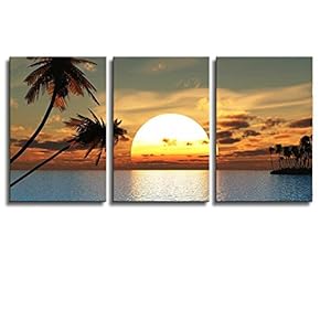 Huge Tropical Palm Tree Sunset Peace Giclee Canvas Wrap Wall Art - 16"x24" x 3 Panels