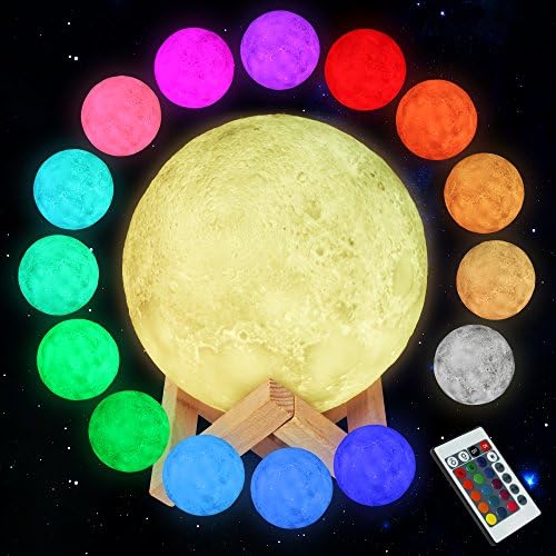 VR 4 Life 2018 Improved 3D Printed Moon Lamp LED 16 COLOR Remote &amp; Touch Control Decorative Moon Nightlight Lamp with Wooden Stand, USB Rechargeble (5.9 inch)