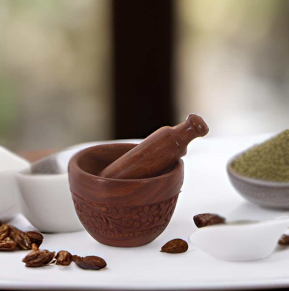 Purpledip Wooden Mortar & Pestle Grinding Bowl Set Garlic Crusher (11057)