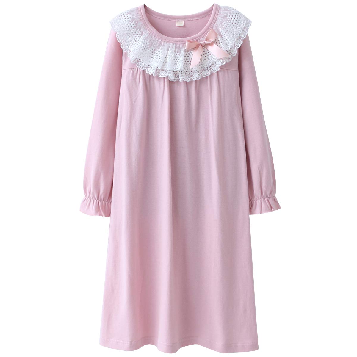 DGAGA Kids Girls Cotton Lace Nightgown Long Sleeve Solid Sleepwear Top Dresses Pink 9-10 Years /150cm