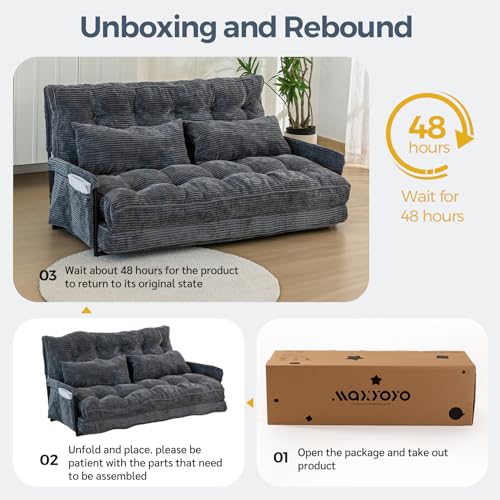 MAXYOYO Adjustable Floor Sofa Bed with 2 Cushions, Multifunctional Ottoman Bed, Folding 5 Position Sofa Bed with Armrests, Versatile Floor Seat for Reading