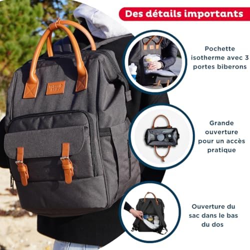 - Sac à langer ESCAPADE - Sac à dos à langer Bébé - Matelas à langer pour Bébé Garçon et Fille inclus - Confortable - Pratique pour des sorties avec votre nouveau-né - Gris foncé