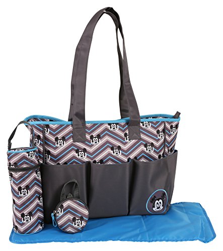 Disney Mickey Mouse Triple Pocket Multi Piece Diaper Bag Set, Chevron Print, Grey/Blue