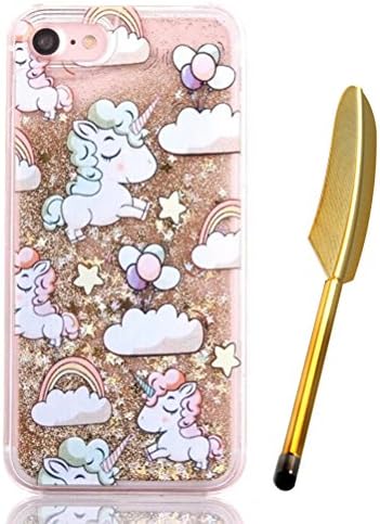 iPhone 7 Glitter Case, iPhone 7 Liquid Case, Cute Lovely Cartoon Unicorn Rainbow Cloud Balloon Design, Edaroo Stars Gold Quicksand Moving Luxury Bling Glitter Floating Dynamic Flowing Transparent Hard Case Cover for 4.7 inch iPhone 7 with Free Stylus