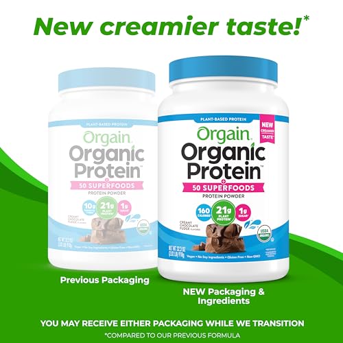 Orgain Organic Vegan Protein + 50 Superfoods Powder, Creamy Chocolate Fudge - 21g Plant Based Protein, 9g Prebiotic Fiber, No Lactose, Gluten Free, No Added Sugar, 2.02 lb (Packaging May Vary)