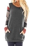 Women Loose Longsleeve Striped Knitted Sweatshirt Tunic Tops Casual Color Blocked Cotton T Shirts Grey XL