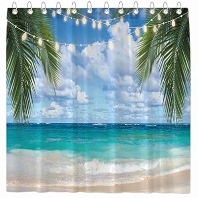 Funnytree Summer Tropical Beach Shower Curtain Bathroom Seaside Palm Leaves Home Bathtubs Curtain Decor Set with 12… 51i70%2BPdiSL
