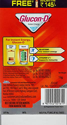 Glucon D Instant Energy Health Drink Tangy Orange 1kg Refill with