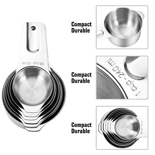 Engraved Measuring Cups Spoons Set, Umite Chef Round Teaspoons Made of 304 Stainless Steel, 7 Cups,7 Spoons, 1 Magnetic Measurement Conversion Chart, Volume 1/8 Tsp/0.63 ML to 1 Tbsp/15 ML