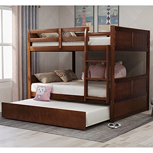 MERITLINE Full Over Full Bunk Bed with Trundle, Wood Bunk Bed with Twin
