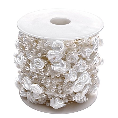 KUPOO Hand Made Rose Flower and Artificial Pearls Bead Garland Wedding Bridal Bouquet Decoration DIY Party Supplies (rose flower+pearl 30m white)