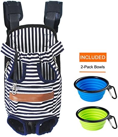 Canvas Blue+White stripes Legs Out Front Pet Dog Carrier Front Chest Backpack Pet Cat Puppy Tote Holder Bag Sling Outdoor Rucksack，Included 2-Pack Collapsible Travel feeding Bowls
