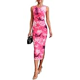 oten Women's Sleeveless Mesh Floral Summer 2025 Ruched Bodycon Slit Wedding Guest Cocktail Party Midi Dress