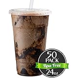 Cold Smoothie Go Cups and Lids | Iced Coffee Cups | Plastic Cups with Lids | 24 oz Cups, 50 Pack | Clear Disposable Pet Cups | Ideal for Bubble Tea Juice Soda Cocktail Party Cups [Drinket Collection]