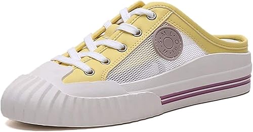 Amazon Lecmt レディース スニーカー かかとなし シューズ スリッポン イエロー キャンバス レースアップ スニーカー 靴 軽量 カジュアル 履きやすい 25 0cm 滑り止め ラウンド トゥ 歩きやすい お洒落 コンフォート 美脚 疲れにくい 通学 シューズ バッグ