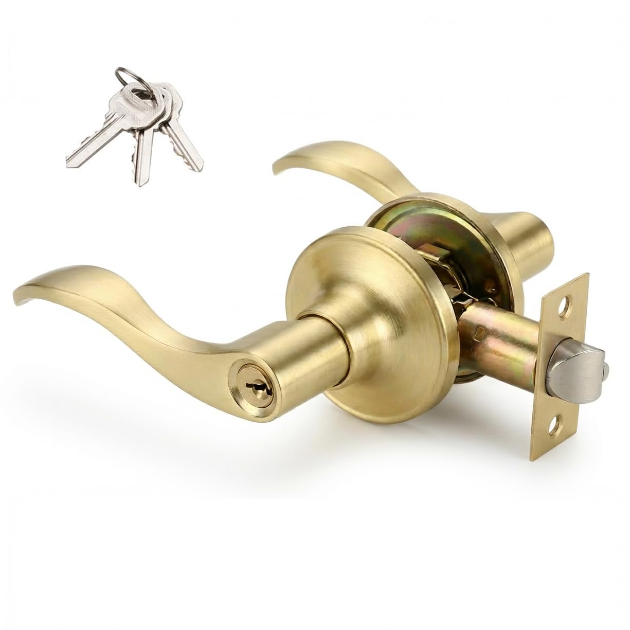 Photo 1 of 1 Pack of HENYIN Wave Lever Keyed Entry Door Lock/Door Knob Hardware Handle and Closet Lockset, Gold Color, with Key,Left Hand(805-G-L)