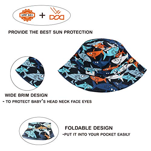 ORVINNER Baby Boys Girls UV Protection Sun Hat Toddler Kids Breathable Animal Bucket Hats for Spring Summer Beach Navy/Shark, M (12-24 Months)