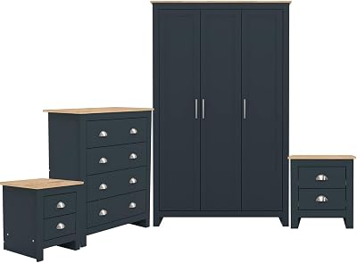 GFW Lancaster 4 Piece Bedroom Set Slate Blue Bedside Cabinet Chest Wardrobe