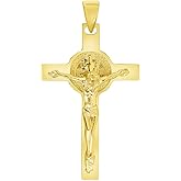 Jewelry America Solid 14k Yellow Gold Classic Saint Benedict Cross Jesus Crucifix Pendant