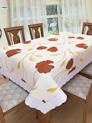 Clasiko 8 Seater PVC Table Cover; Brown Flower & Yellow Leaves On White Base; Anti Slip; 60x108 Inches; 8 Seater