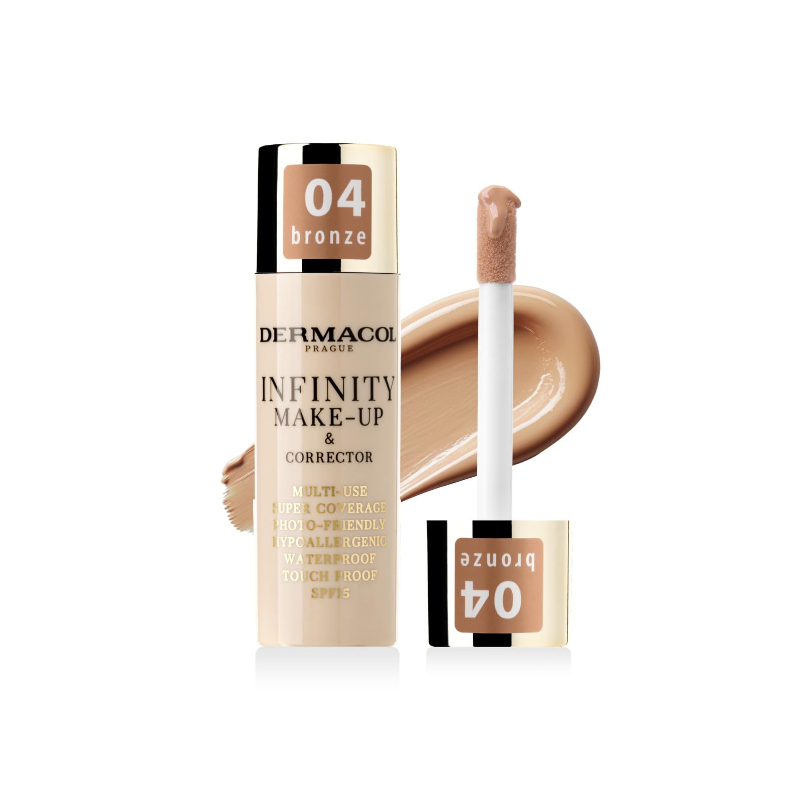 Dermacol Infinity make-up and corrector, Multi-use, Super coverage, Photo-friendly, Hypoallergenic, Waterproof, Touch proof, SPF 15, 04 - Bronze