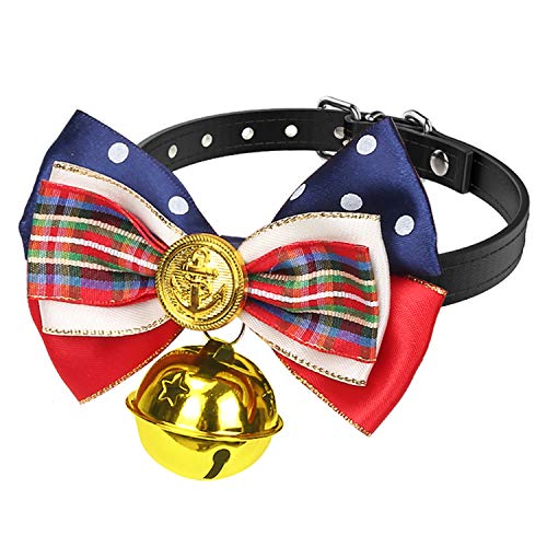 Vavopaw Pet Bowtie Collar, [2 Pack] Puppy Necktie Leather Belt Cute Bowknot Adjustable Small Dog Cat Necklace Collar with Bell Charm, Medium Size - Grid & Stripes - Thumbnail 7