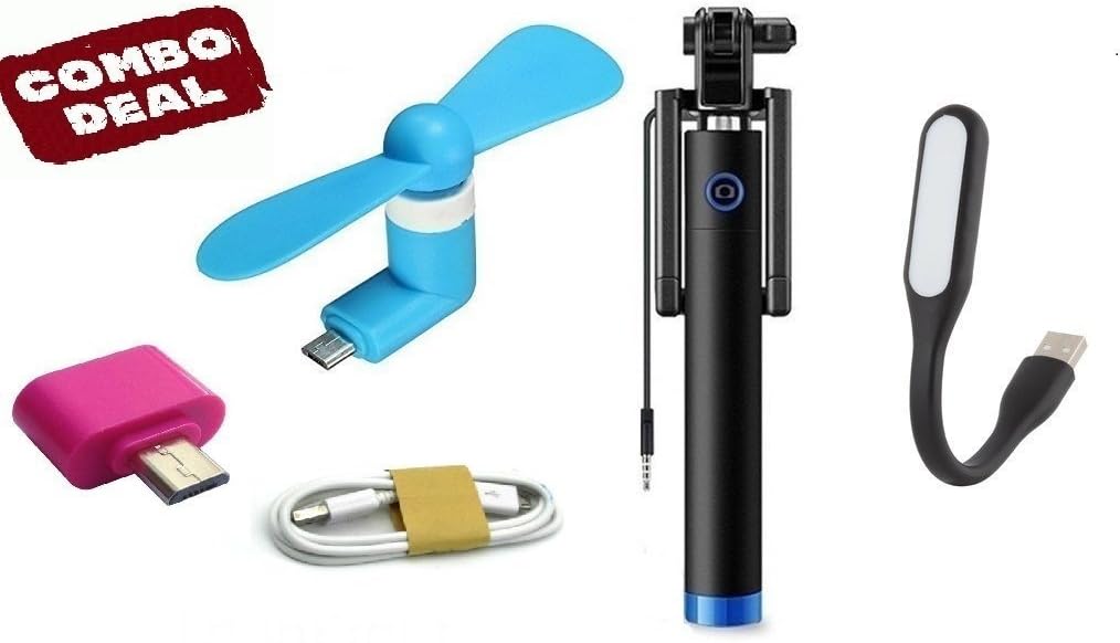 Eightiz® 5-in-1 Mobile Accessories Combo of Data Cable + Selfie Stick + USB Led Light + USB Fan + Android Micro OTG Adapter (Colors May Vary)