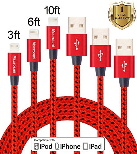 Mscrosmi 3Pack 3FT 6FT 10FT Extra Long Nylon Braided Lightning to USB Sync Charge Cable Cord Charger for iPhone 7/7Plus/6s/6s Plus/6/6Plus/5s/5c/5, iPad/iPod Models (red &amp; black)