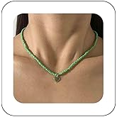 Yheakne Vintage White Seed Bead Choker Necklace Enamel Heart Pendant Necklace Tiny Rice Bead Necklace Chain White Beaded Chain Necklace Jewelry for Women