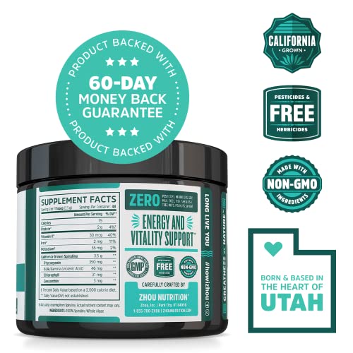 Zhou Spirulina Powder, Nutrient Rich Superfood, California Grown, 100 Pure, Vegan, Gluten Free