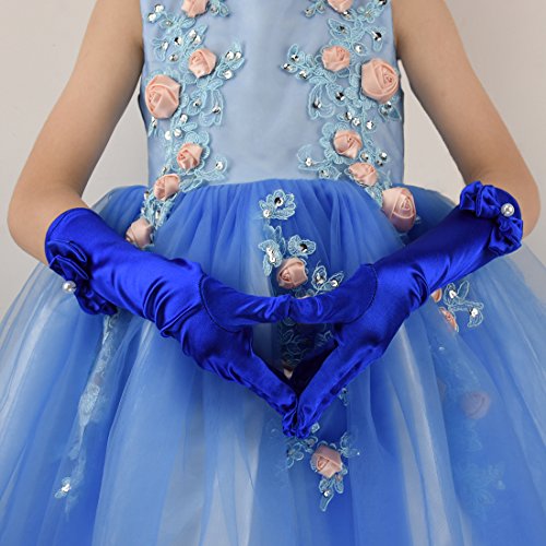 Greenmoe Girls Long Satin Finger Bowknot Formal Pageant Kids Gloves Royal Blue