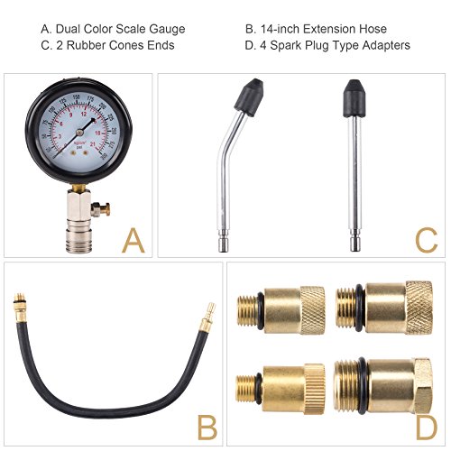 Auto Piston Spark Plug Compression Tester Kit | Automotive Fuel Petrol Gas Engine Motor Cylinder Pressure Gauge for Vehicle Marine Motorcycle ATV UTV Snowmobile Boat - Thumbnail 2