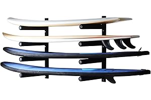 FVLFIL HUIMENG Surfboard Wall Rack Display Mount Storage Rack for 4 Surfboard/SUP/Snowboards/Skateboards/Kiteboards/Wakeboards/Paddleboard Wall Storage Racks,Use Indoors and Dry Spaces Outdoors, black