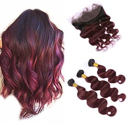 Rise Hair Body Wave Burgundy Ombre Lace Frontal Closure 13x4 With Bundles 1B 99J Wine Red Ombre Virgin Hair Extensions With Ear to Ear Frontal (12 with 12 14 16)