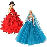 BARWA 2 Pcs Doll Dress Red Gown Dress with Hat and Blue Wedding Dress with Veil Evening Party Clothes for 11.5 Inch Girl Doll (Blue + Red)