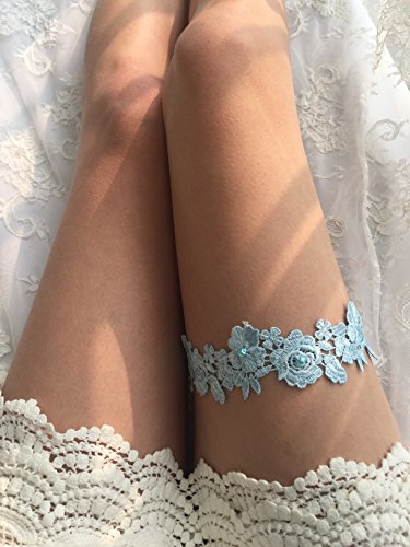 YuRong Wedding Flower Garter Bridal Pearls Garter Bridal Garter G07 (Blue)