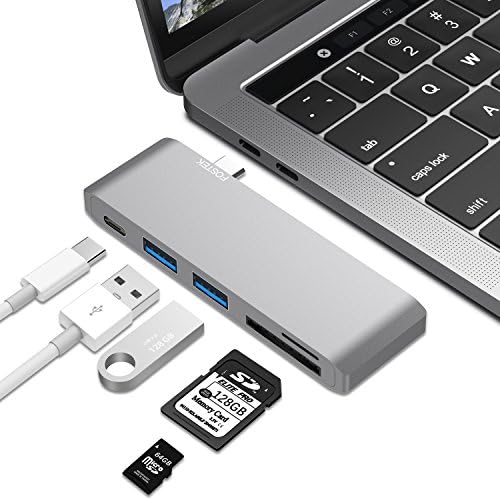 USB C Hub, FOSTEK USB C Adapter Instant Expansion with Type C Charging Port, 2 USB 3.0 Ports and Micro SD Card Reader for 12’’ Macbook, Macbook Pro2016/2017 and More USB C Devices (Space Gray)