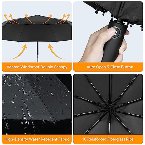 TECKNET Windproof Umbrella - Strong Compact Travel Automatic, Large Wind Resistant with 10 Ribs, Folding Lightweight Golf Automatic for Rain