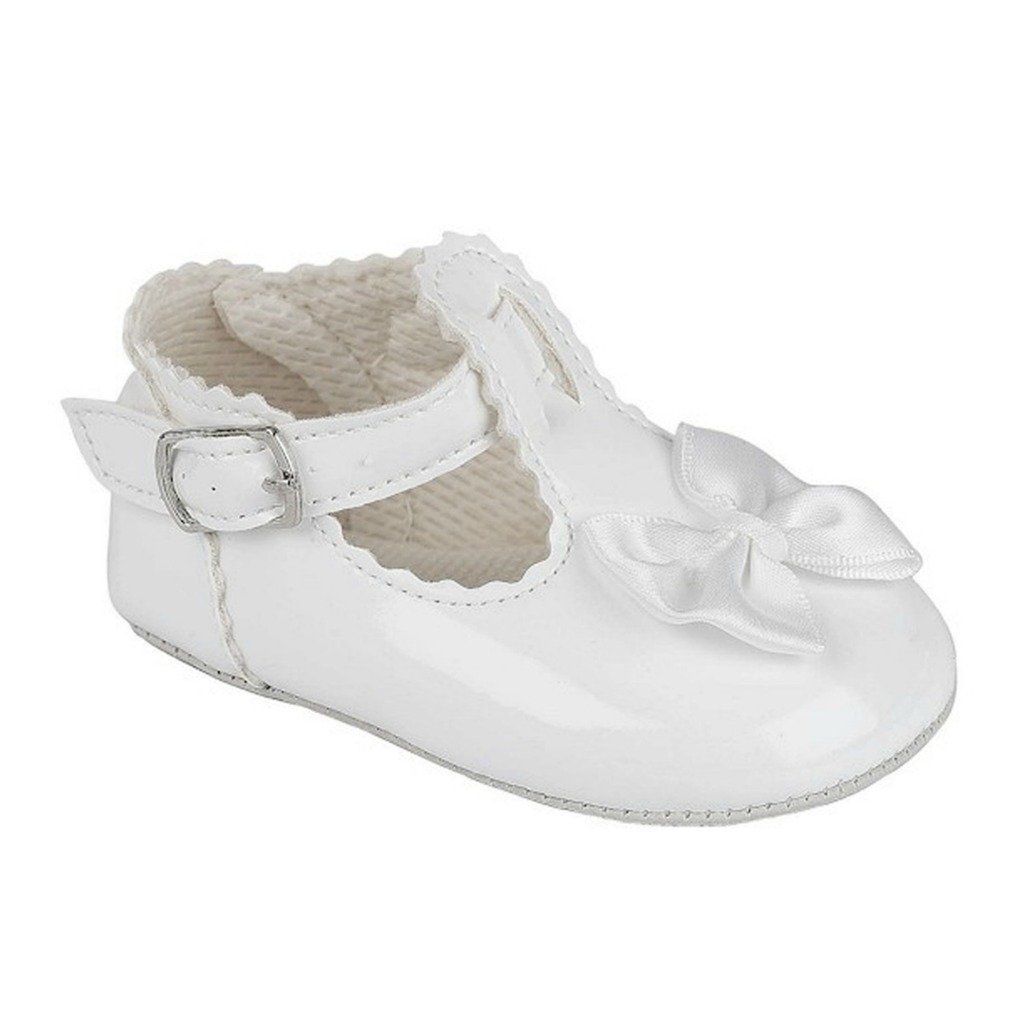 Baby Girls Pram Shoes for a Wedding Christening or Party - T-Bar Satin Bow - White Patent UK Size 17 (3-6 months)