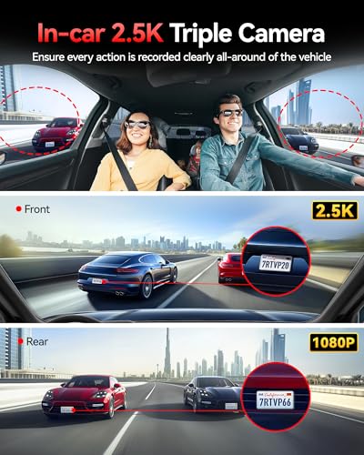 REDTIGER 530° 3-Channel Car Dashcam, 2.5K+2.5K+1080P Car Camera with 128GB Card, IR Night Vision, Touch Screen, Front Dashcam, Includes WiFi GPS, 24H Parking Mode