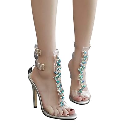 Mymyguoe Damen Sandalen Stylische Strass Perlen Blumen Schuhe Multi Riemchen T-Strap High Heels Stiletto Sandaletten Durchsic