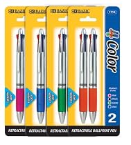 BAZIC Silver Top 4-Color Pen with Cushion Grip, 2 Pens Per Pack (Assorted Colors)