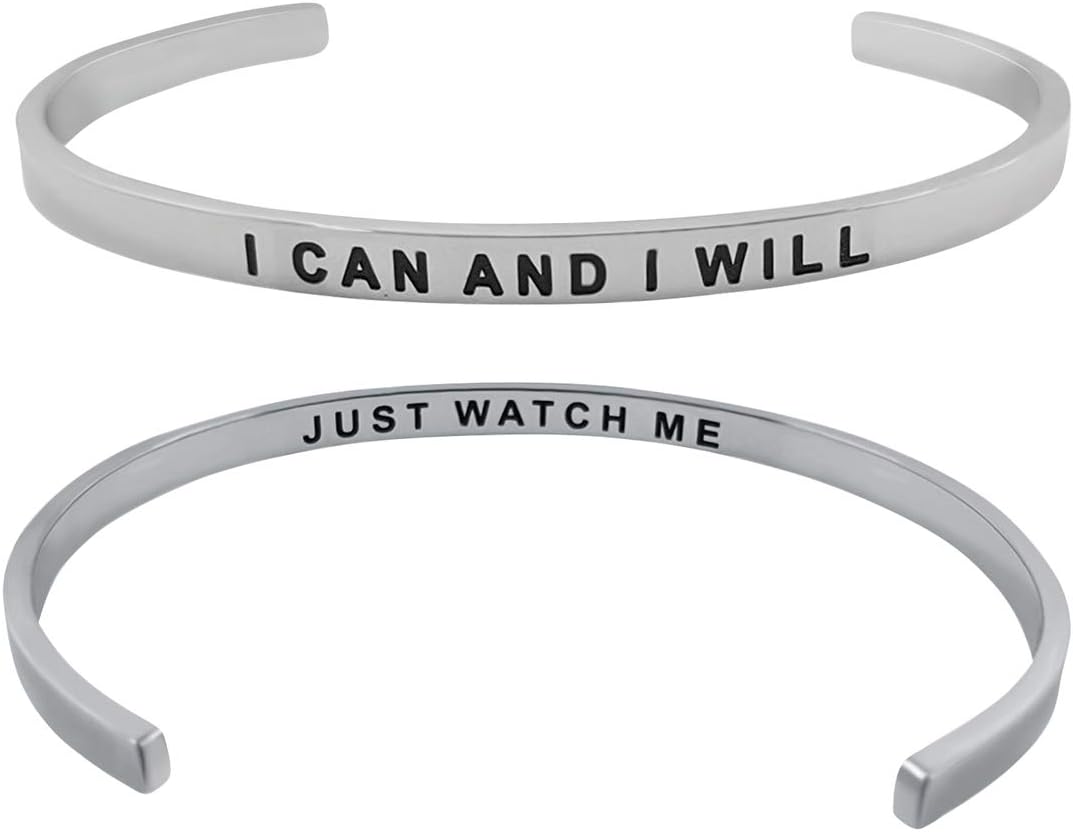 'I Can and I Will'' Double Sided Inspirational Quote Cuff Bracelet for Women and Teen Girls