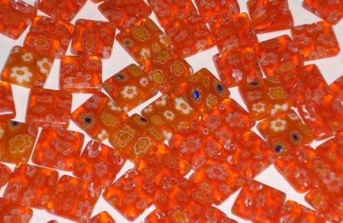 Orange Millefiori Glass 10x10mm Flat Square Beads - Set of 20
