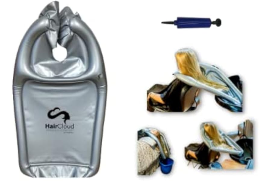 Inflatable Hair Washing Funnel for Shampooing Hair in Any Chair and Basin. Portable Tray Device to Use at Home, in Salon, Nursing Home or Hospital Cape to Help Keep Clothes Dry Pump Included!