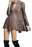 R.Vivimos Women Lace Sexy See Through Long Sleeve Short Dresses Large Brown