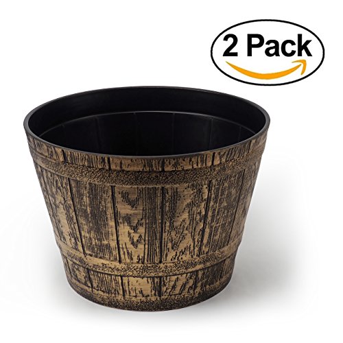 Set of 2 Plastic Whiskey Barrels Rustic Look (2 planters + 2 Matching Saucers) French Country Style Flowerpot Indoor Outdoor Garden Patio Office Home Decor Use Reusable Light Weight (Gold)