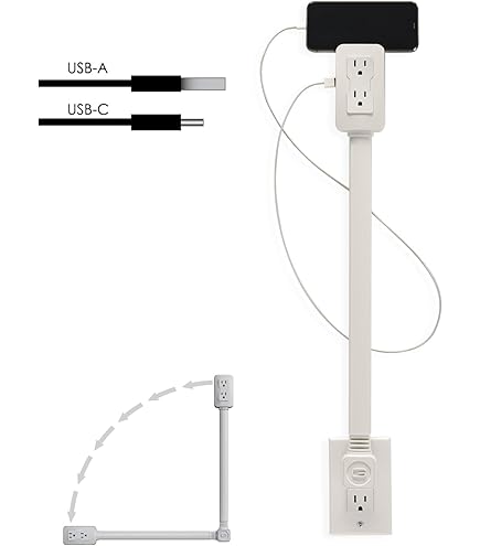 Acceso a salidas difíciles de alcanzar. Extensor de toma de corriente eléctrica, cuenta con USB-A, USB-C y 2 tomas de corriente alterna, se extiende de 22 a 34 pulgadas, gira 180°. Uso
