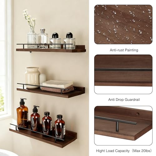 VINATO Set of 3 Wooden Wall Shelves 40 x 15 x 4.5 cm for Kitchen, Living Room, Office and Bedroom, Wall Shelf, Brown